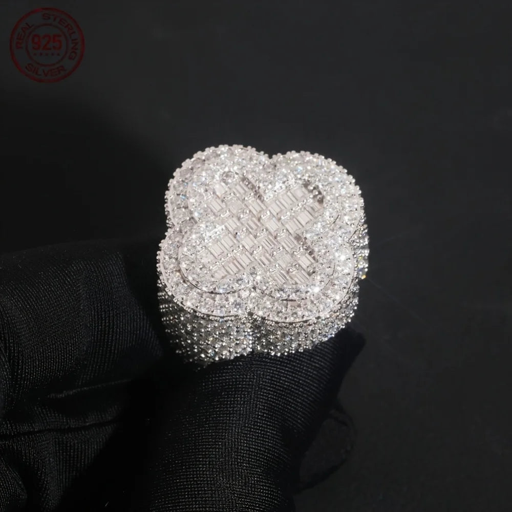 925 Sterling Silver Luxury Hip Hop Ring For Men Full Cubic Zirconia White Gold Plated Clover Rings Male Punk Jewelry Party Gift