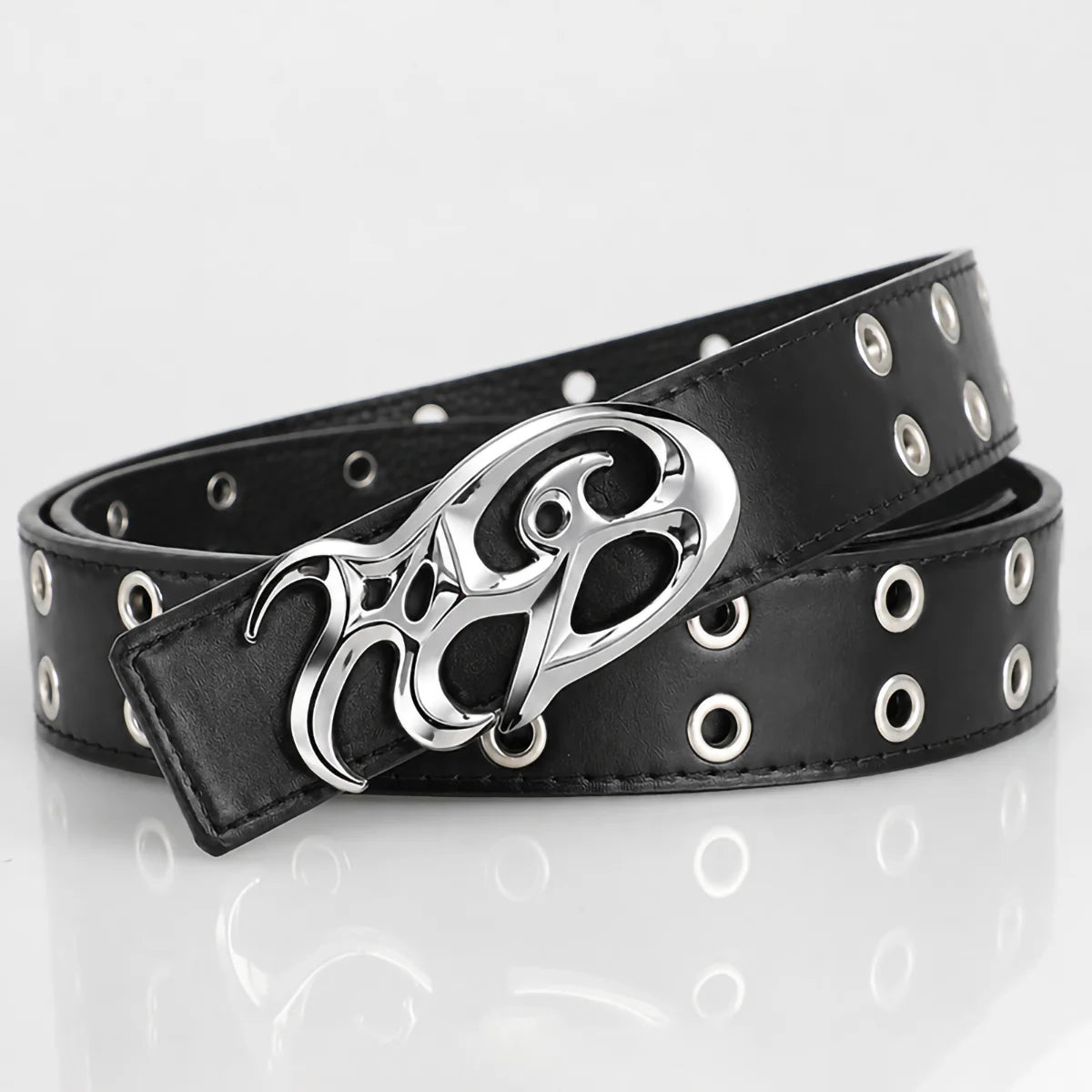 Black Double Grommet Belt with Tribal Chrome Buckle – Polished Silver Y2K Sigil Plaque & Stitched Strap