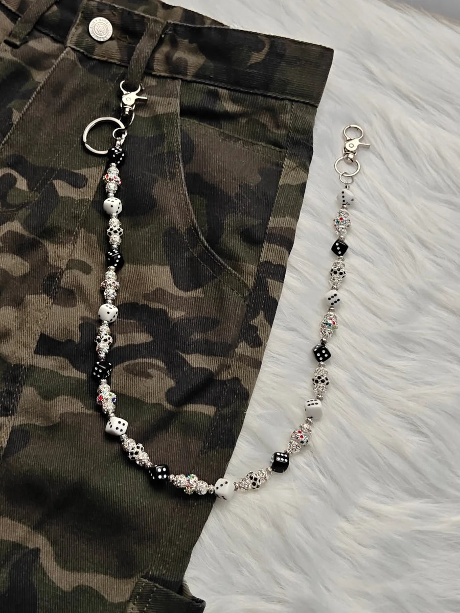Y2K Hip Hop Dice Beaded Pants Chain, Black White Dice Rhinestone Jean Waist Chain, Zinc Alloy Punk Unisex Wallet Chain Bag Charm
