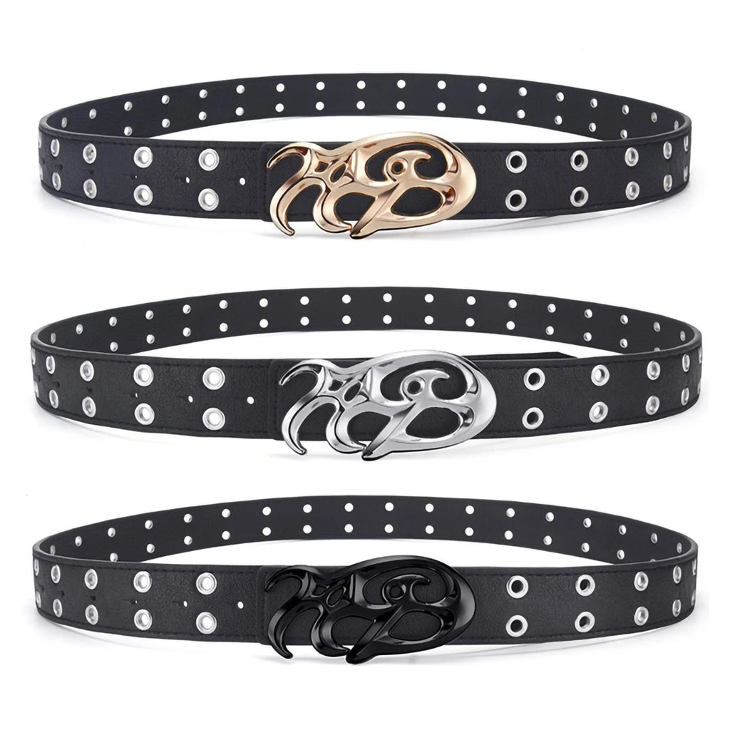 Black Double Grommet Belt with Tribal Chrome Buckle – Polished Silver Y2K Sigil Plaque & Stitched Strap