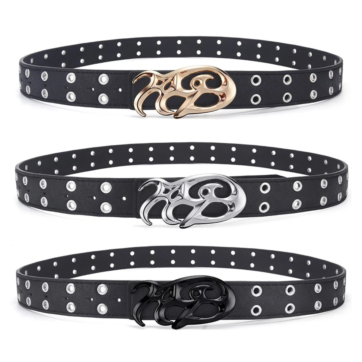 Black Double Grommet Belt with Tribal Chrome Buckle – Polished Silver Y2K Sigil Plaque & Stitched Strap