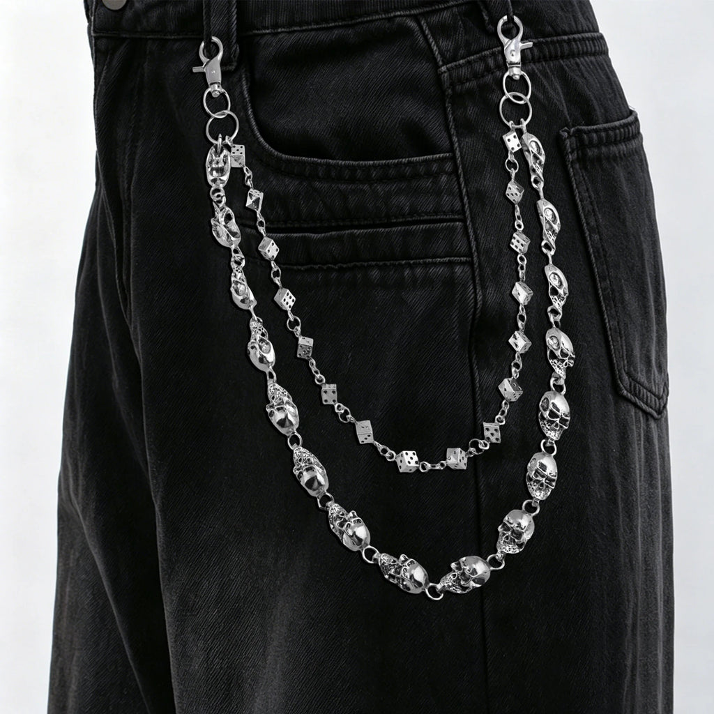 Skull Dice Double-Layer Jeans Chain Hip Hop Gothic Style Waist Chain Unisex Party Gift Bag Charm Cycling Accessory