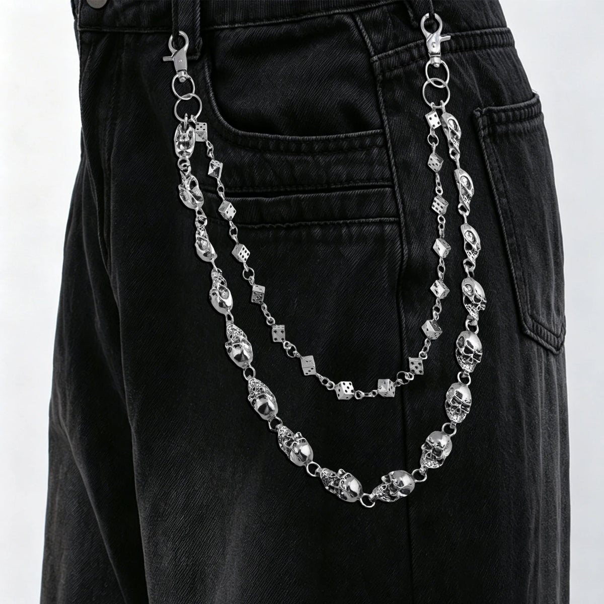 Skull Dice Double-Layer Jeans Chain Hip Hop Gothic Style Waist Chain Unisex Party Gift Bag Charm Cycling Accessory