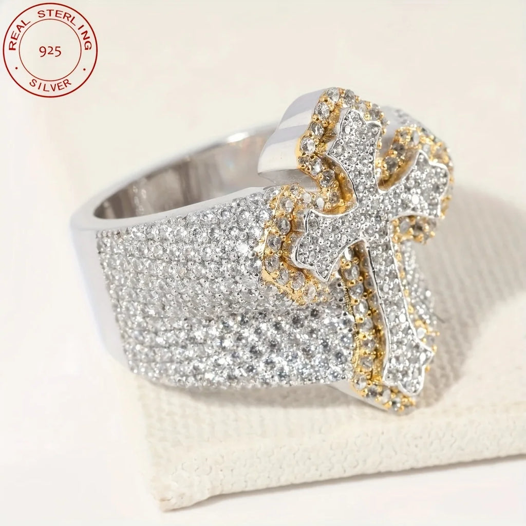 2025 New Arrival Iced Out Cross Ring Hip Hop Bustdown 925 Sterling Silver Rings For Men Retro Two Tone Fine Jewelry