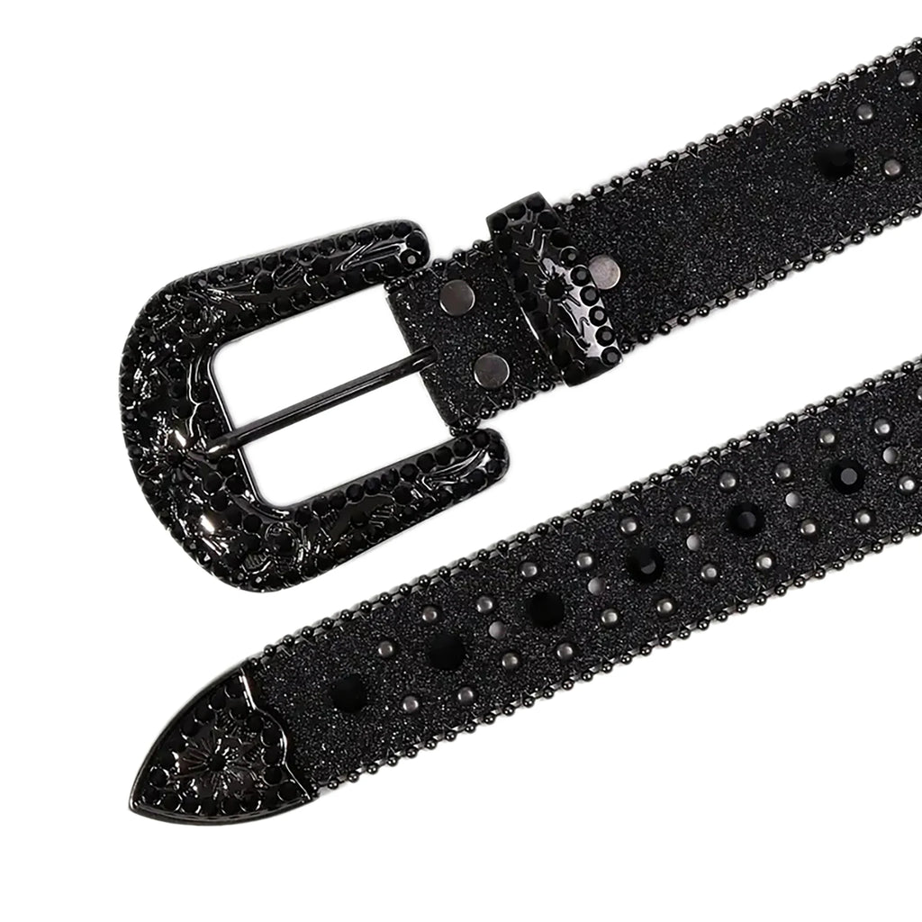 Black Rhinestone Studded Western Belt with Cross Concho – Glitter Strap, Ball Chain Edges & Engraved Black Buckle Set