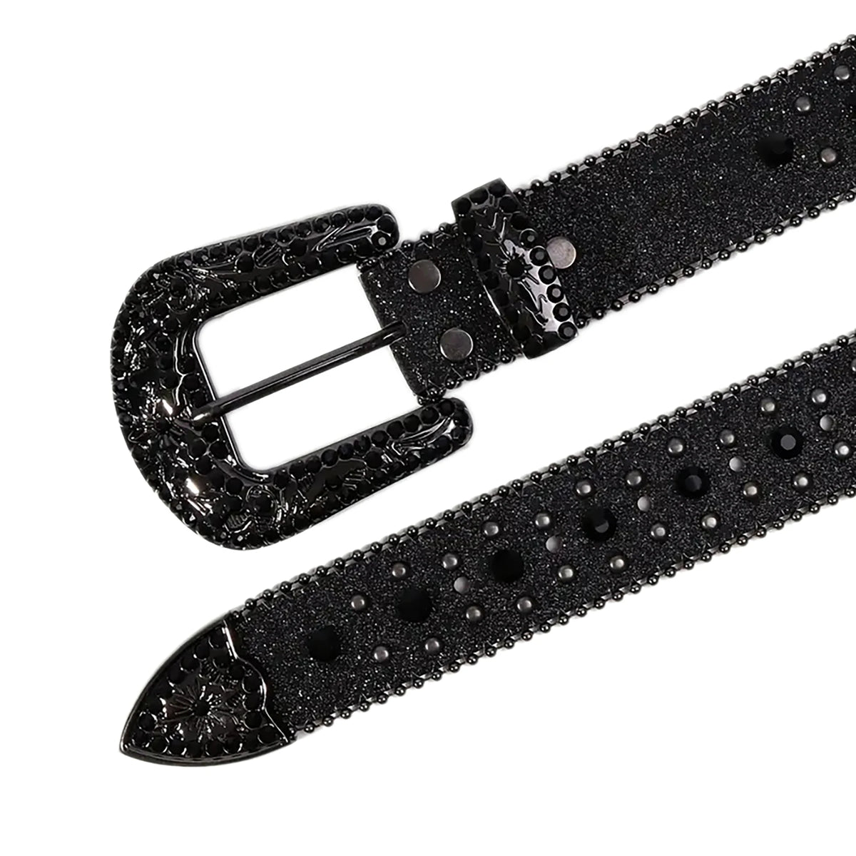 Black Rhinestone Studded Western Belt with Cross Concho – Glitter Strap, Ball Chain Edges & Engraved Black Buckle Set