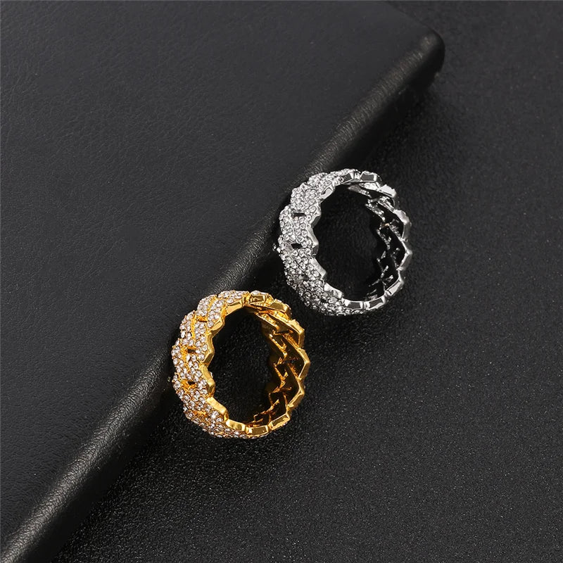 Iced Out Cuban Link Chain Ring for Men and Women, Gold Plated Bling, CZ Simulated Zircon, Hip Hop, Personalized Fashion