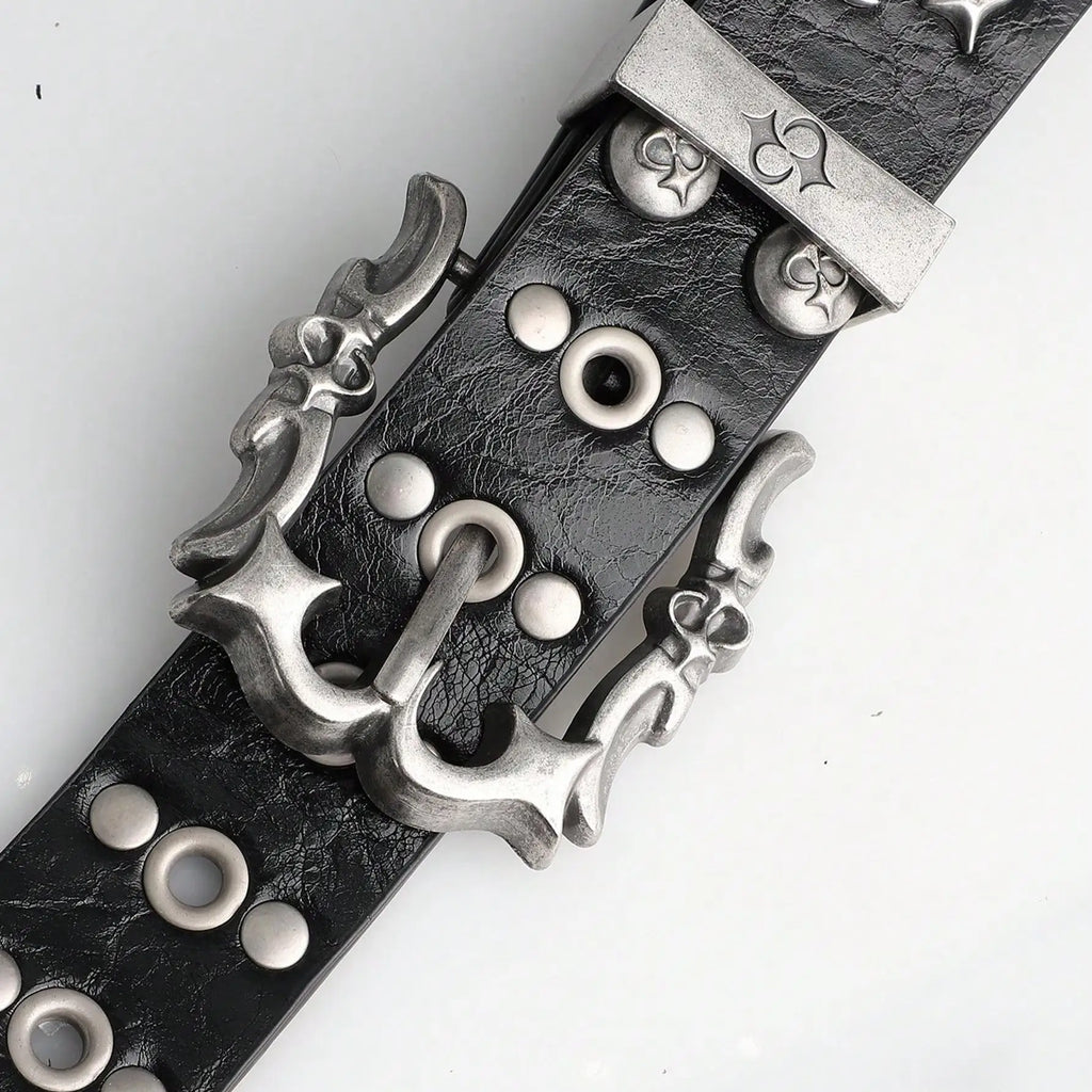 Black Y2K Gothic Star Belt – Crackle-Finish Strap with Ornate Antique Silver Buckle, Star Rivets & Grommets