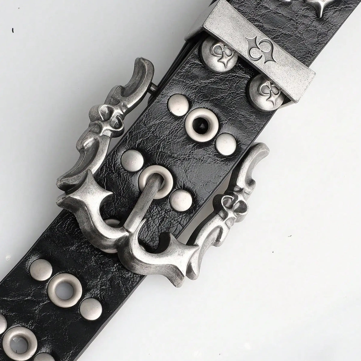 Black Y2K Gothic Star Belt – Crackle-Finish Strap with Ornate Antique Silver Buckle, Star Rivets & Grommets
