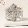 2025 New Arrival Iced Out Cross Ring Hip Hop Bustdown 925 Sterling Silver Rings For Men Retro Two Tone Fine Jewelry