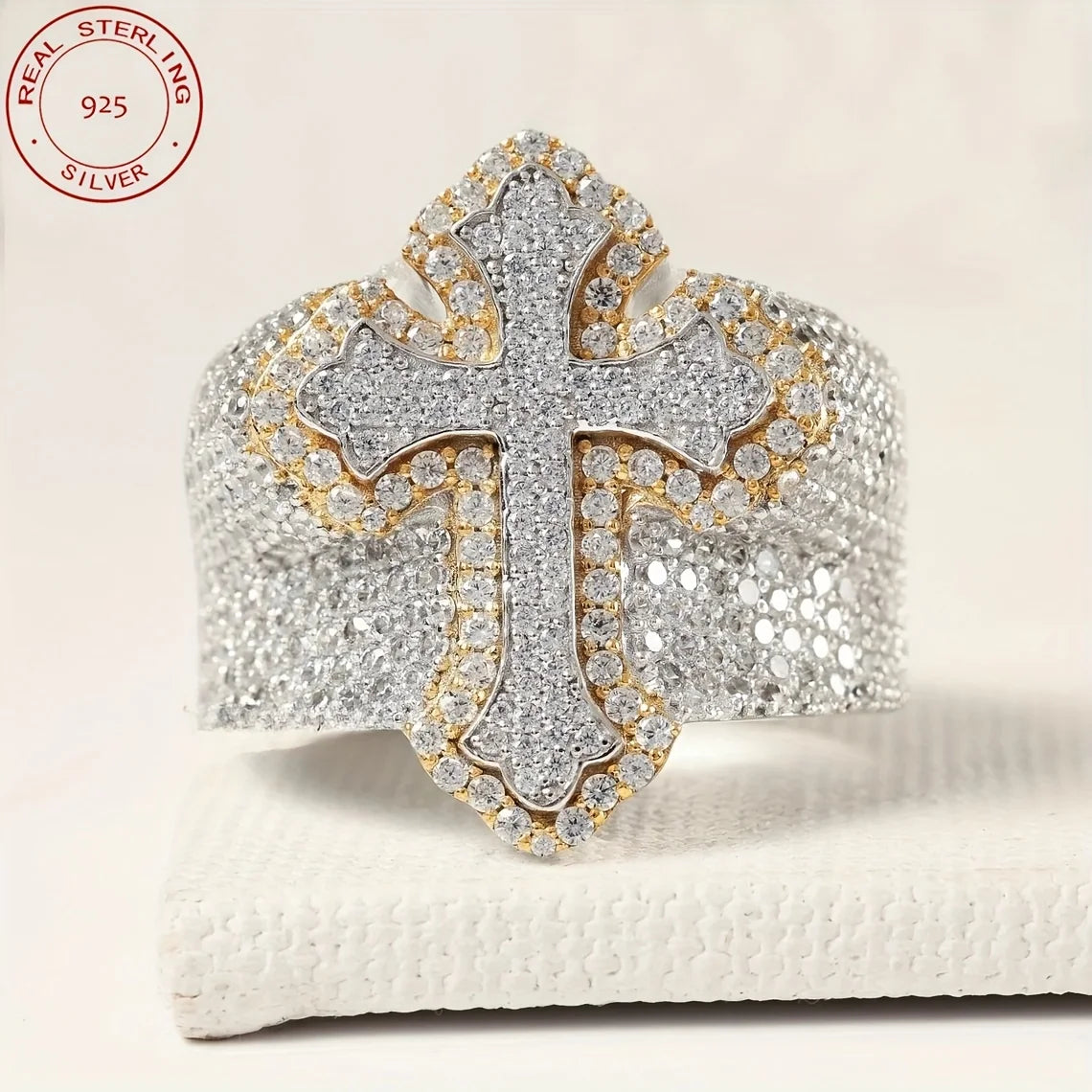 2025 New Arrival Iced Out Cross Ring Hip Hop Bustdown 925 Sterling Silver Rings For Men Retro Two Tone Fine Jewelry