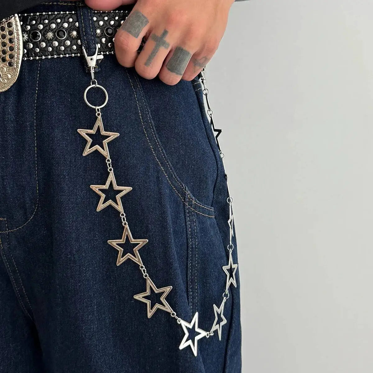 KunJoe Hip Hop Hollow Out Star Waist Belt Chain Keychain Jeans Accessory Men Women Punk Metal Hipster Pants Chain Male Jewelry