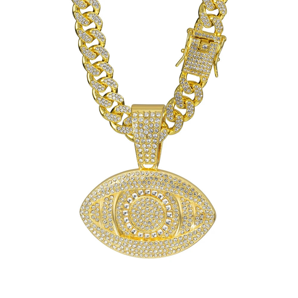 Iced Out Evil Eye Pendant Necklace on Cuban Link Chain – Almond-Shaped Eye with Baguette-Stone Iris Ring | Gold or Silver