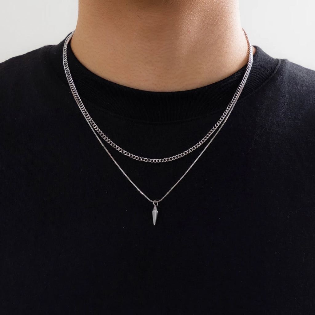 Layered Necklace Set – Curb Chain & Spike Pendant Snake Chain, Gold or Silver
