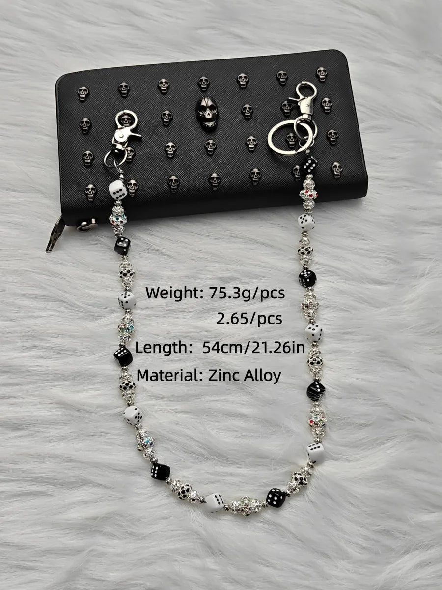Y2K Hip Hop Dice Beaded Pants Chain, Black White Dice Rhinestone Jean Waist Chain, Zinc Alloy Punk Unisex Wallet Chain Bag Charm