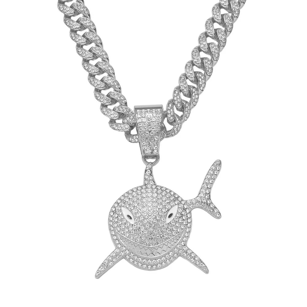 Iced Out Shark Pendant Necklace on Cuban Link Chain – Grinning Shark with Enamel Eyes & Stone-Set Fins | Silver or Gold