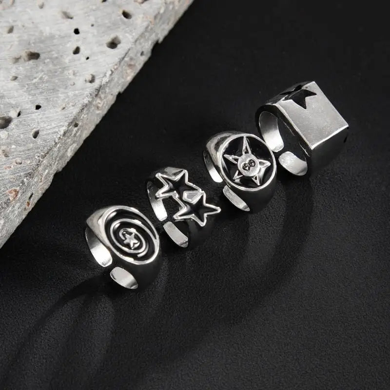 4Pcs/Set Black Five-Pointed Star Wide Rings for Men Hiphop Silver Color Geometric Thick Opening Finger Rings Sets Jewelry Gifts
