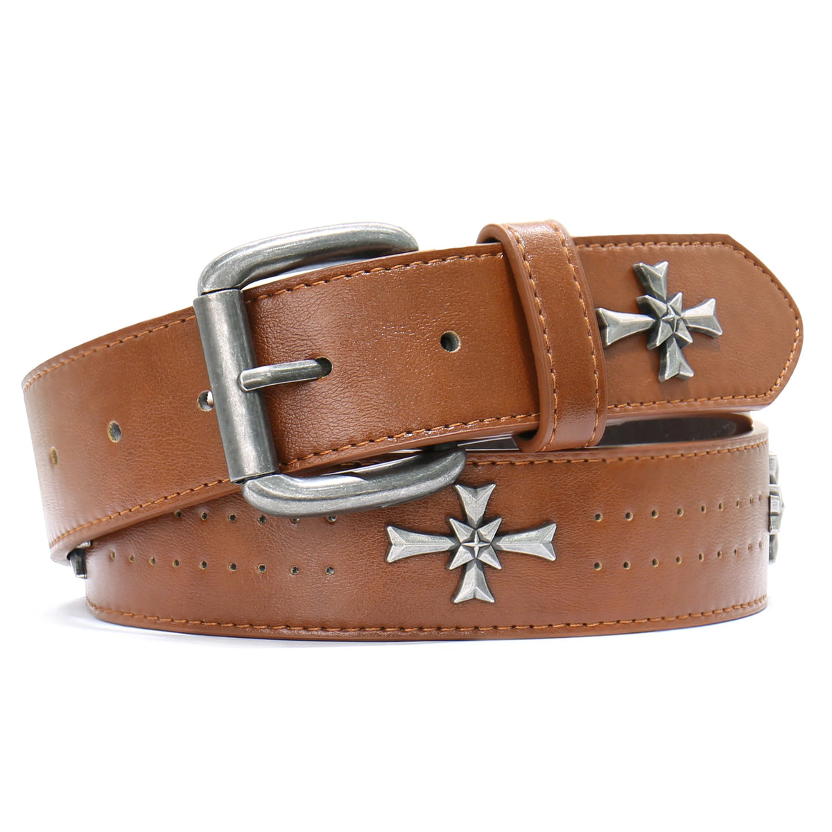 Black Y2K Punk Cross Belt – Faux Leather Strap with Antique Silver Cross Studs, Perforated Detailing & Roller Buckle