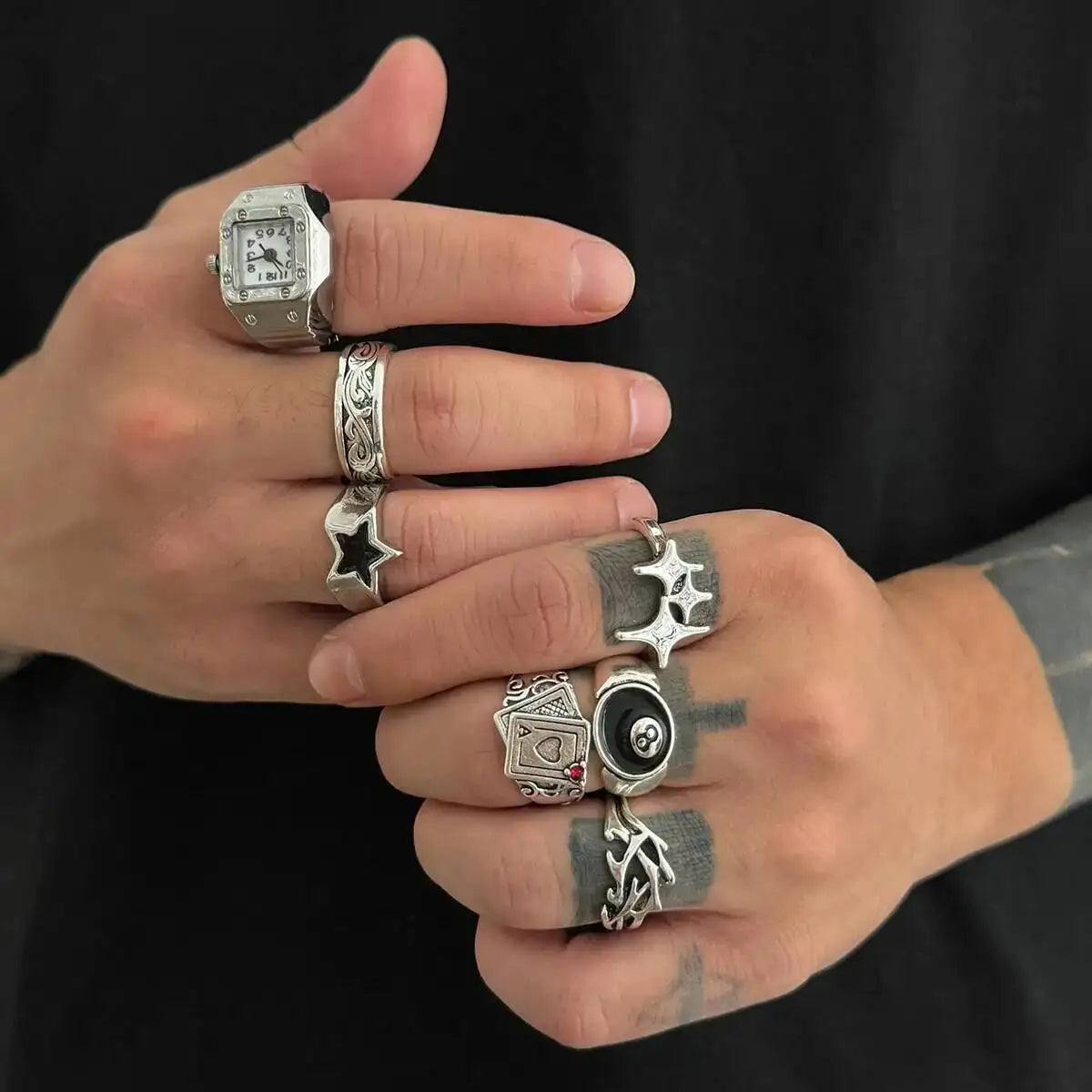 IngeSight.Z HipHop Punk Creative Silver Color Pentagram Poker Finger Rings Men Goth Irregular Stack Ring Trend Jewelry Accessory