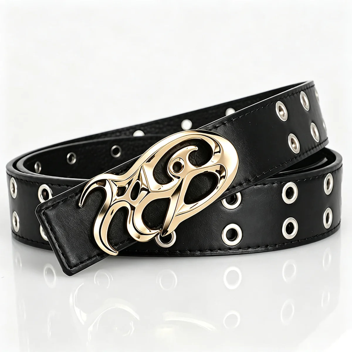 Black Double Grommet Belt with Tribal Chrome Buckle – Polished Silver Y2K Sigil Plaque & Stitched Strap