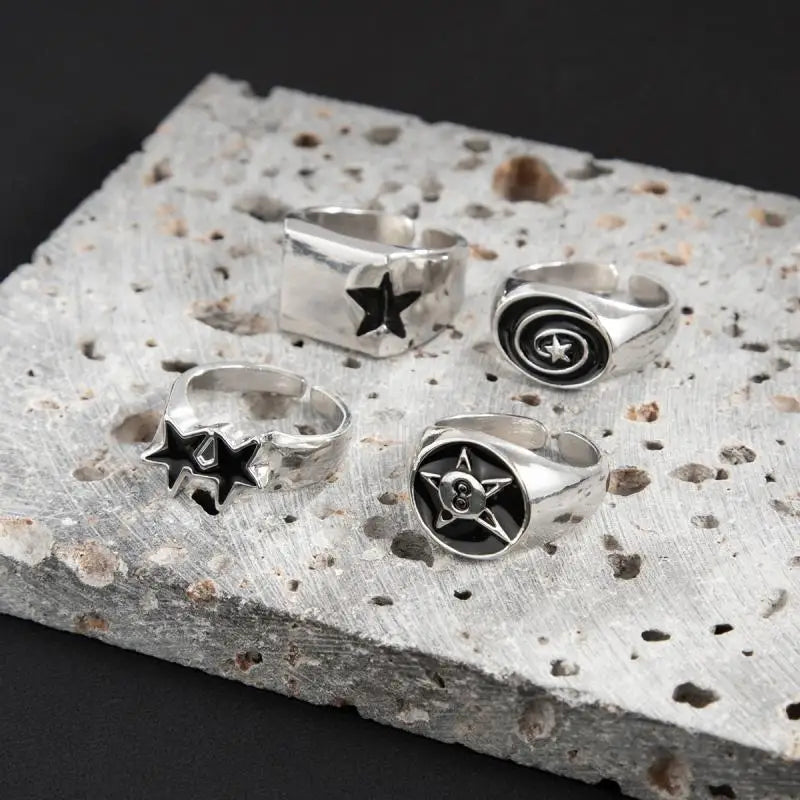 4Pcs/Set Black Five-Pointed Star Wide Rings for Men Hiphop Silver Color Geometric Thick Opening Finger Rings Sets Jewelry Gifts