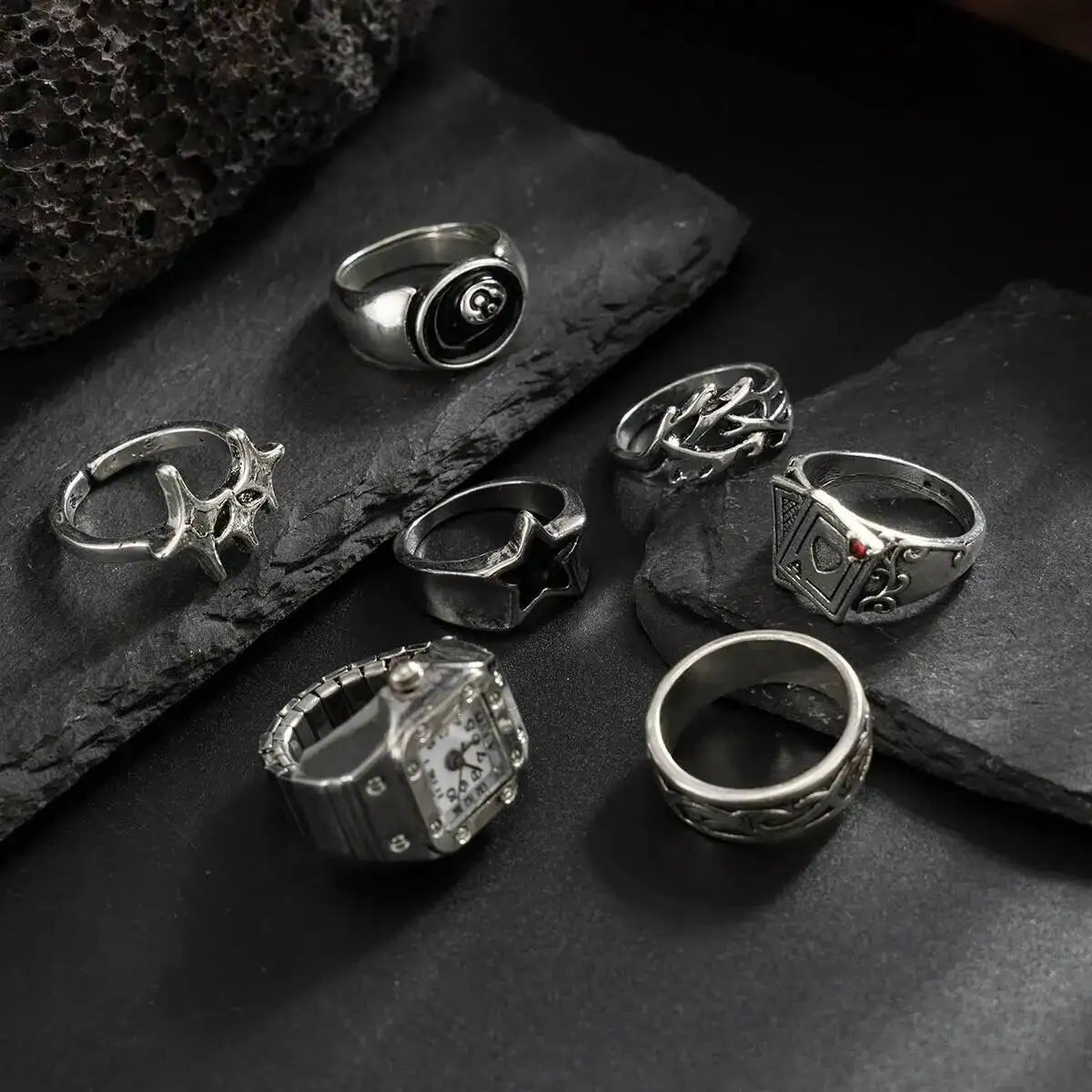 IngeSight.Z HipHop Punk Creative Silver Color Pentagram Poker Finger Rings Men Goth Irregular Stack Ring Trend Jewelry Accessory