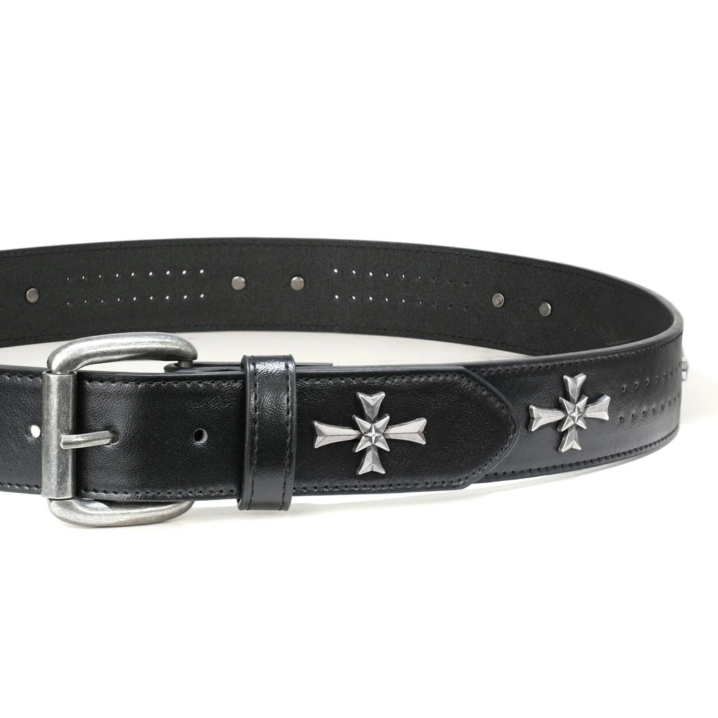 Black Y2K Punk Cross Belt – Faux Leather Strap with Antique Silver Cross Studs, Perforated Detailing & Roller Buckle