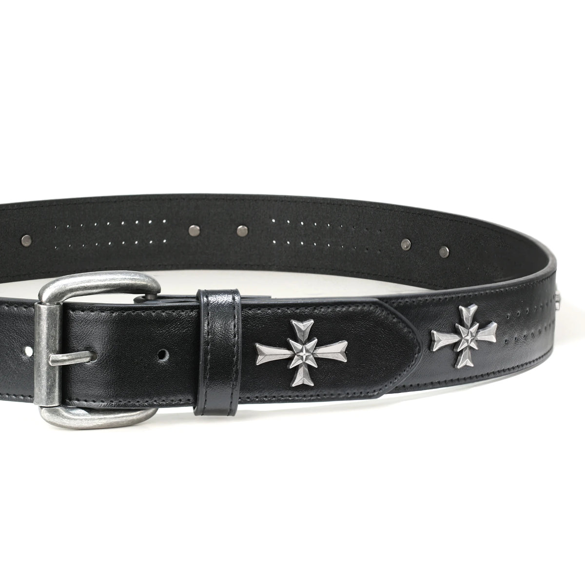 Black Y2K Punk Cross Belt – Faux Leather Strap with Antique Silver Cross Studs, Perforated Detailing & Roller Buckle