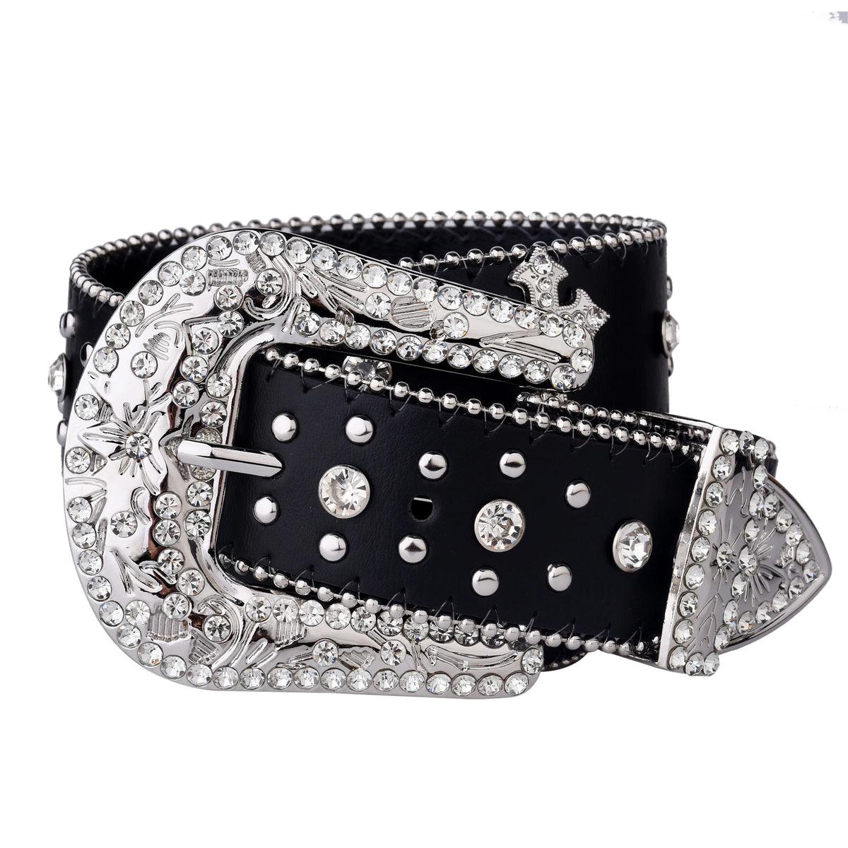 Black & Silver Rhinestone Studded Western Belt with Cross Concho – Smooth Strap, Ball Chain Edges & Clear Rhinestone Buckle Set
