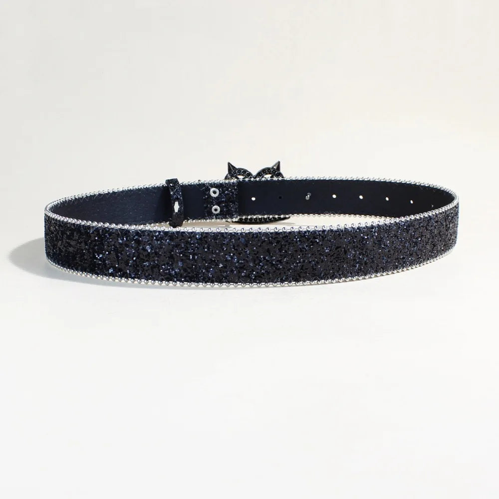 Black Glitter Rhinestone Belt with Spiked Star Ring Buckle – Ball Chain Edges & Gunmetal Four-Ring Plaque with Clear Stones
