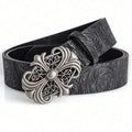 Black Floral Embossed Belt with Fleur-de-Lis Cross Buckle – Antique Silver Filigree Plaque & Tooled-Look Strap