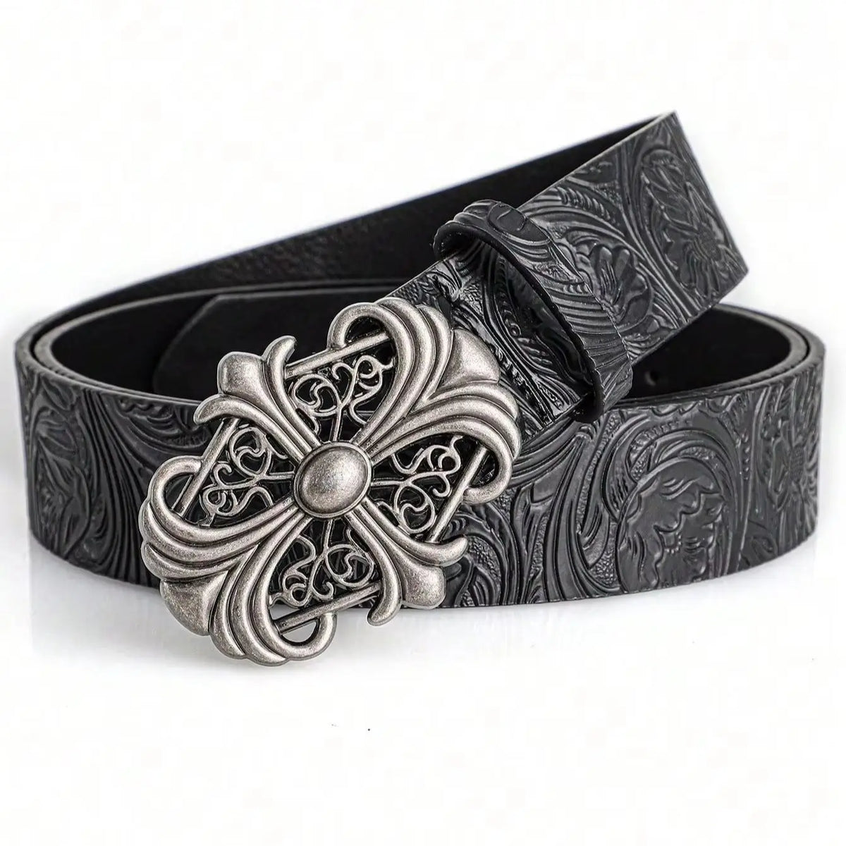 Black Floral Embossed Belt with Fleur-de-Lis Cross Buckle – Antique Silver Filigree Plaque & Tooled-Look Strap