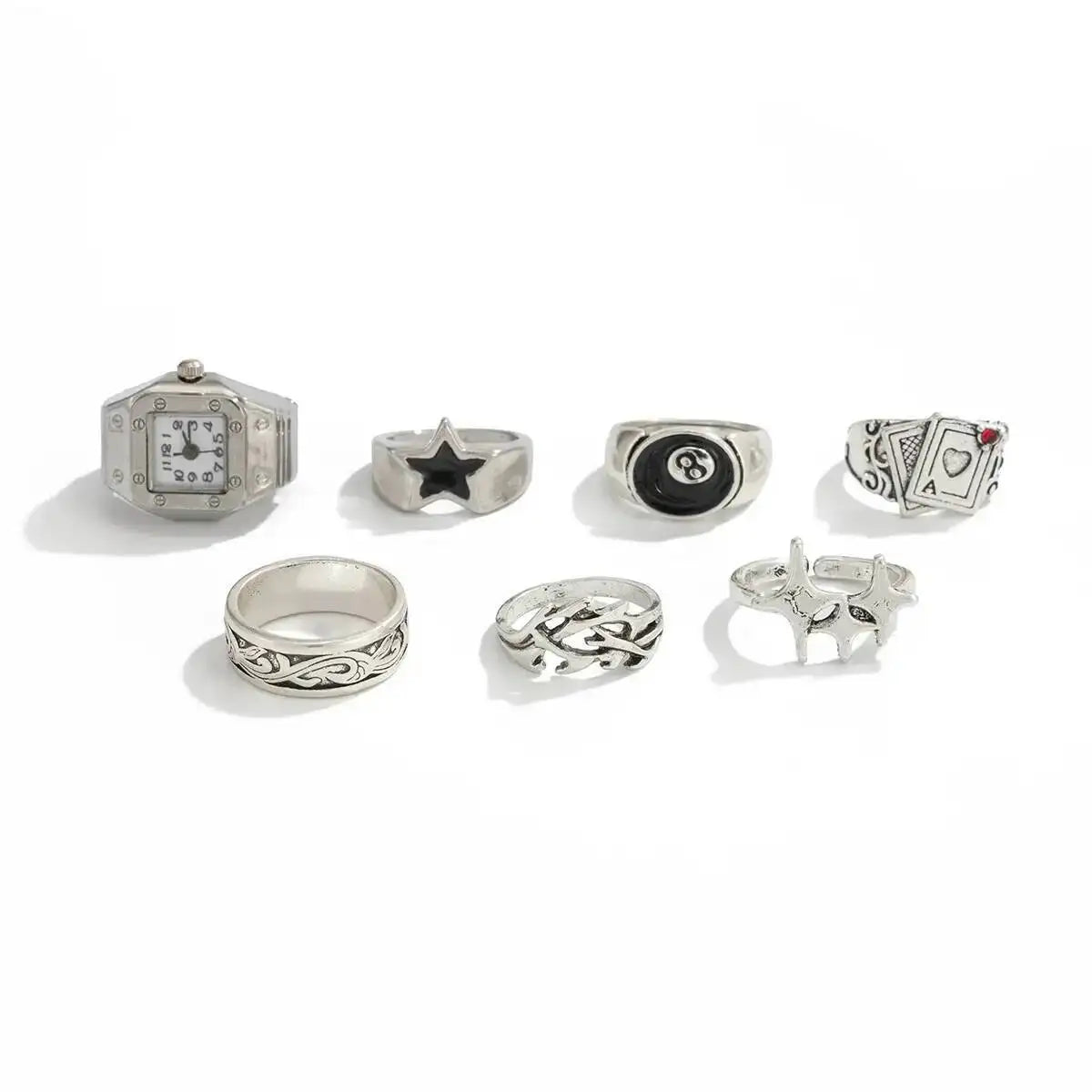 IngeSight.Z HipHop Punk Creative Silver Color Pentagram Poker Finger Rings Men Goth Irregular Stack Ring Trend Jewelry Accessory