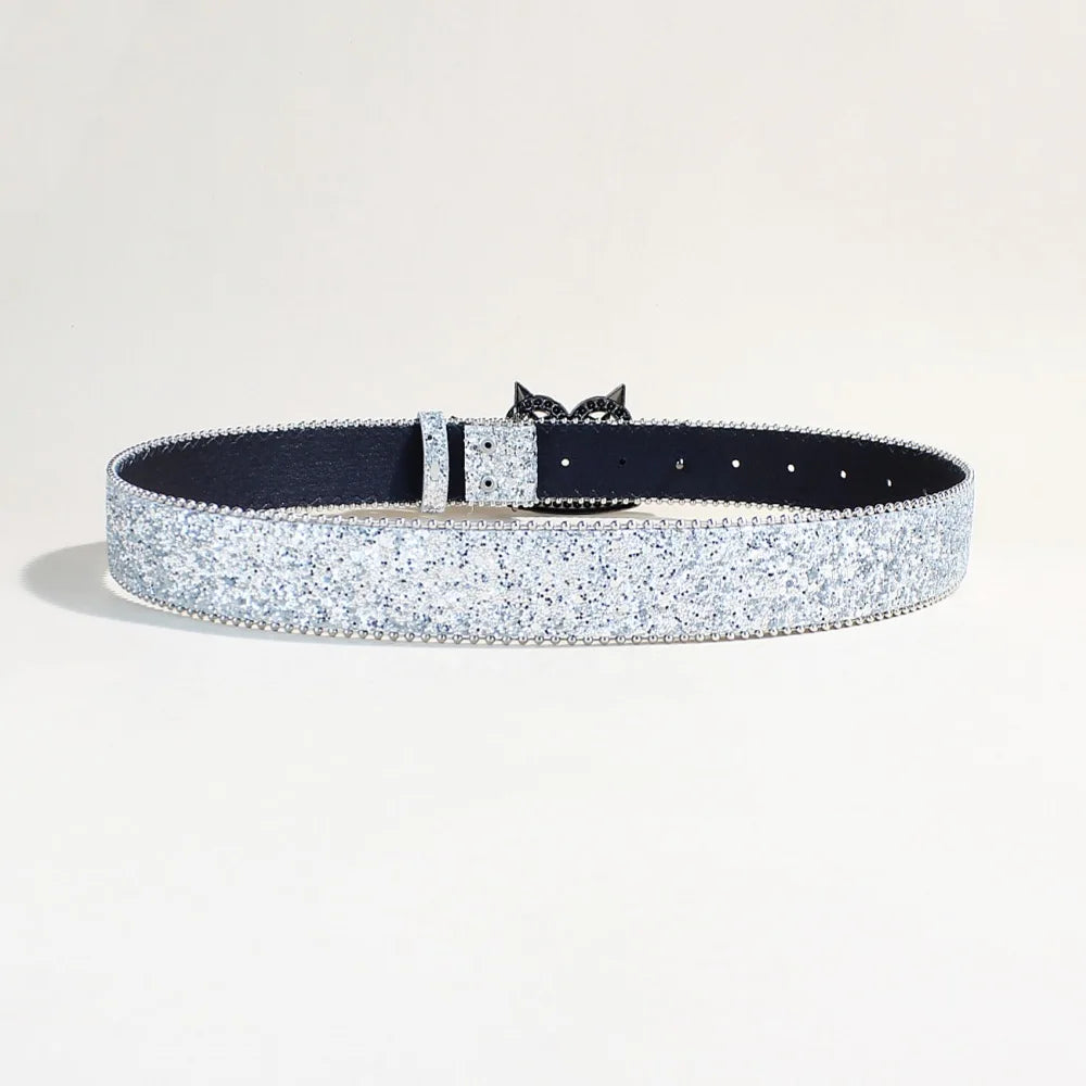 Black Glitter Rhinestone Belt with Spiked Star Ring Buckle – Ball Chain Edges & Gunmetal Four-Ring Plaque with Clear Stones