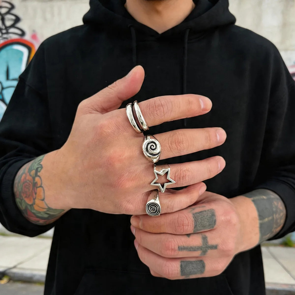 4Ps/Set Hiphop Punk Hollow Pentagram Rings for Men Women Vintage Geometric Thread Vortex Opening Rings Set Gothic Jewelry Gifts