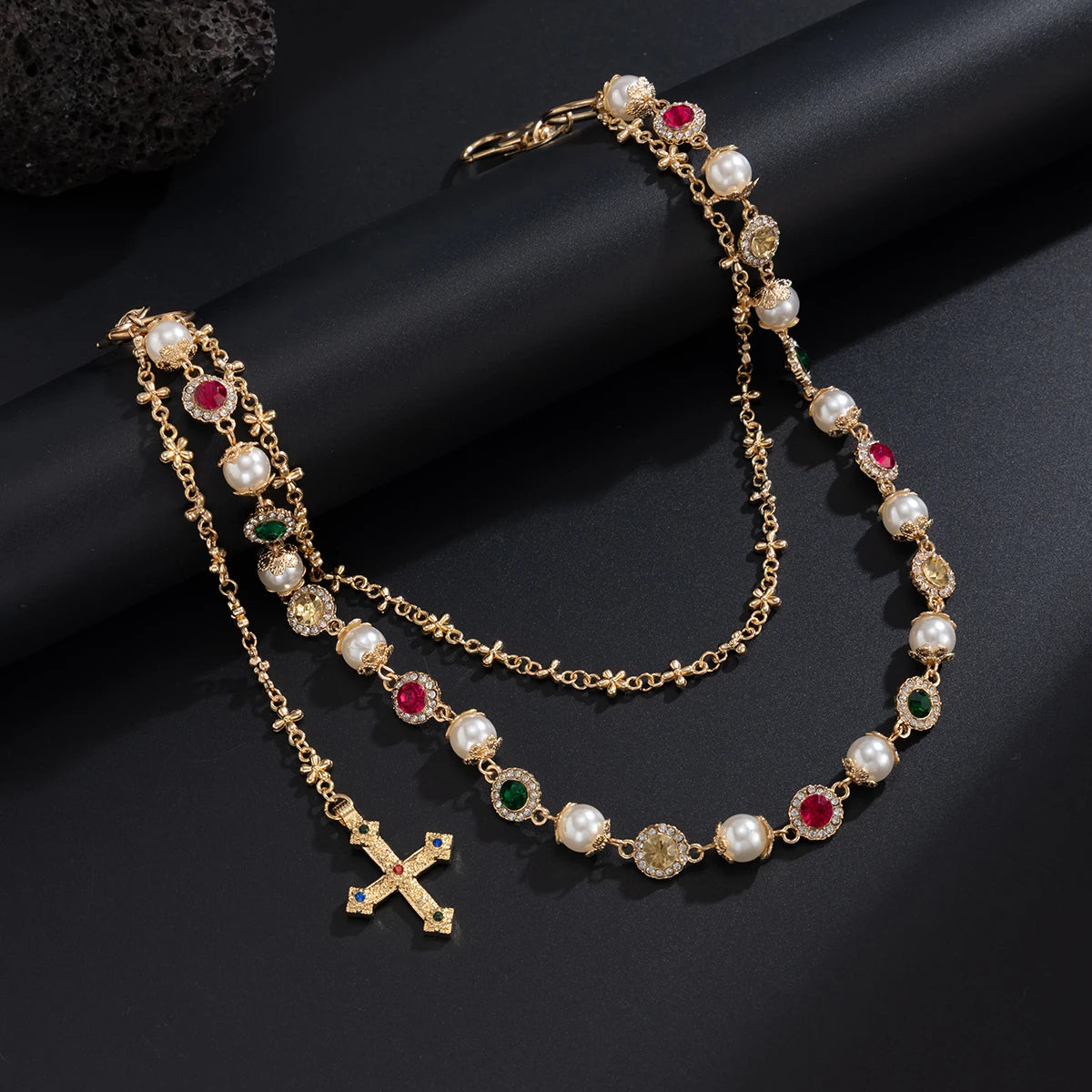 Salircon New Exquisite Luxury Cross Pendant Imitation Pearl Keychain Belt Chain Men Punk Trousers Jean Chain HipHop Jewelry Gift