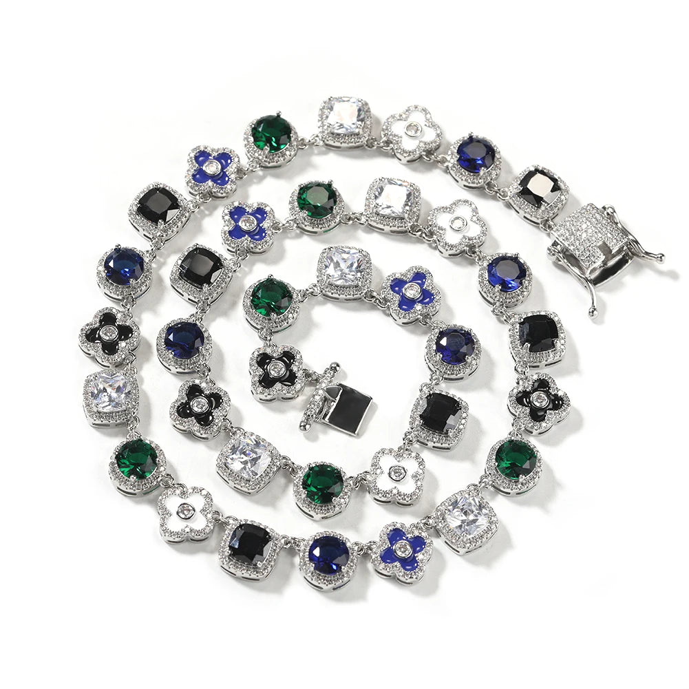 Iced Out Clover Station Link Chain Necklace – Inlaid Clovers Alternating with Halo-Set Colored Stones | Gold or Silver