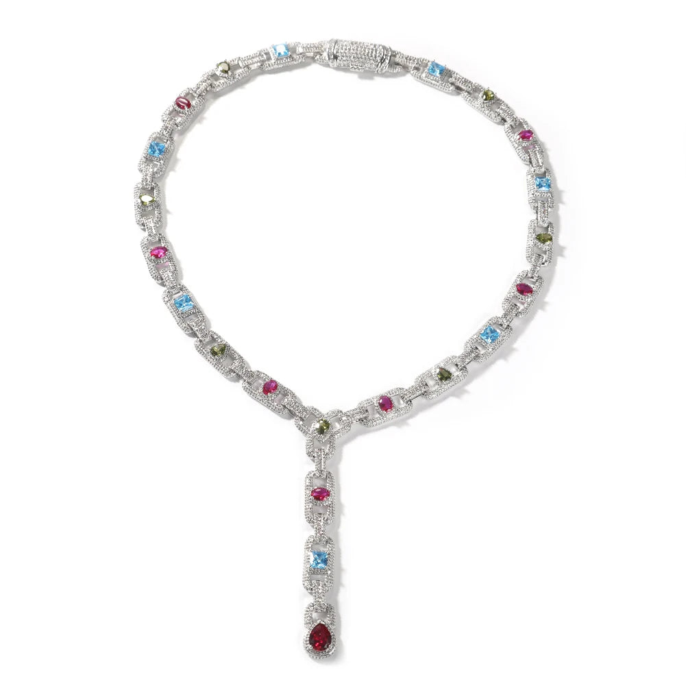 Iced Out Multicolor Y-Drop Link Chain Necklace – Stone-Set Mariner-Style Links with Red Pear-Shaped Drop | Gold or Silver