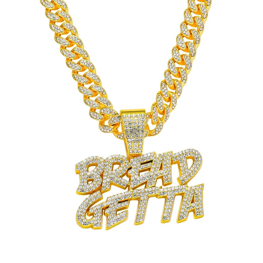 Iced Out BREAD GETTA Pendant Necklace on Cuban Link Chain – Stacked Graffiti-Style Letters | Silver or Gold