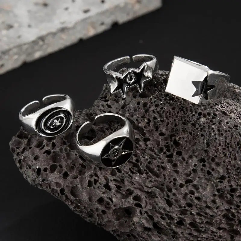 4Pcs/Set Black Five-Pointed Star Wide Rings for Men Hiphop Silver Color Geometric Thick Opening Finger Rings Sets Jewelry Gifts