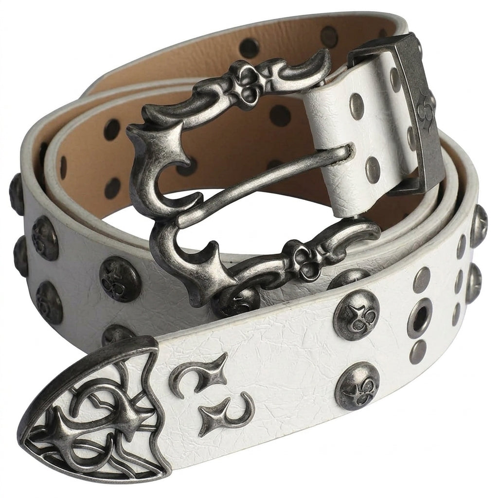 White Y2K Gothic Star Belt – Crackle-Finish Strap with Ornate Antique Silver Buckle, Star Rivets & Grommets