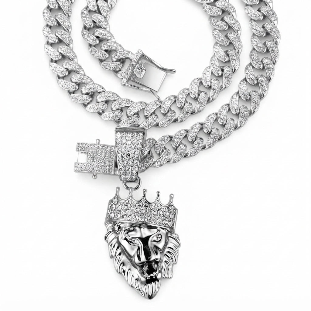 Iced Out Crowned Lion Head Pendant Necklace on Cuban Link Chain – Roaring Lion with Stone-Set Crown | Silver or Gold