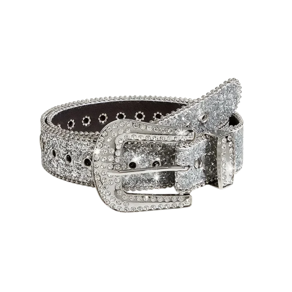 Silver Rhinestone Glitter Belt – Grommet Strap with Ball Chain Edges & Rhinestone Western Buckle Set | 1.5 Inch Wide