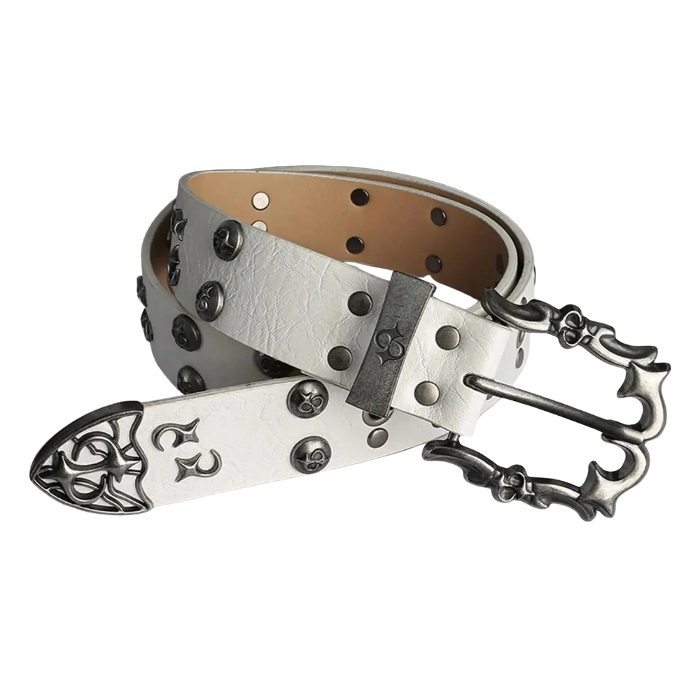 White Y2K Gothic Star Belt – Crackle-Finish Strap with Ornate Antique Silver Buckle, Star Rivets & Grommets