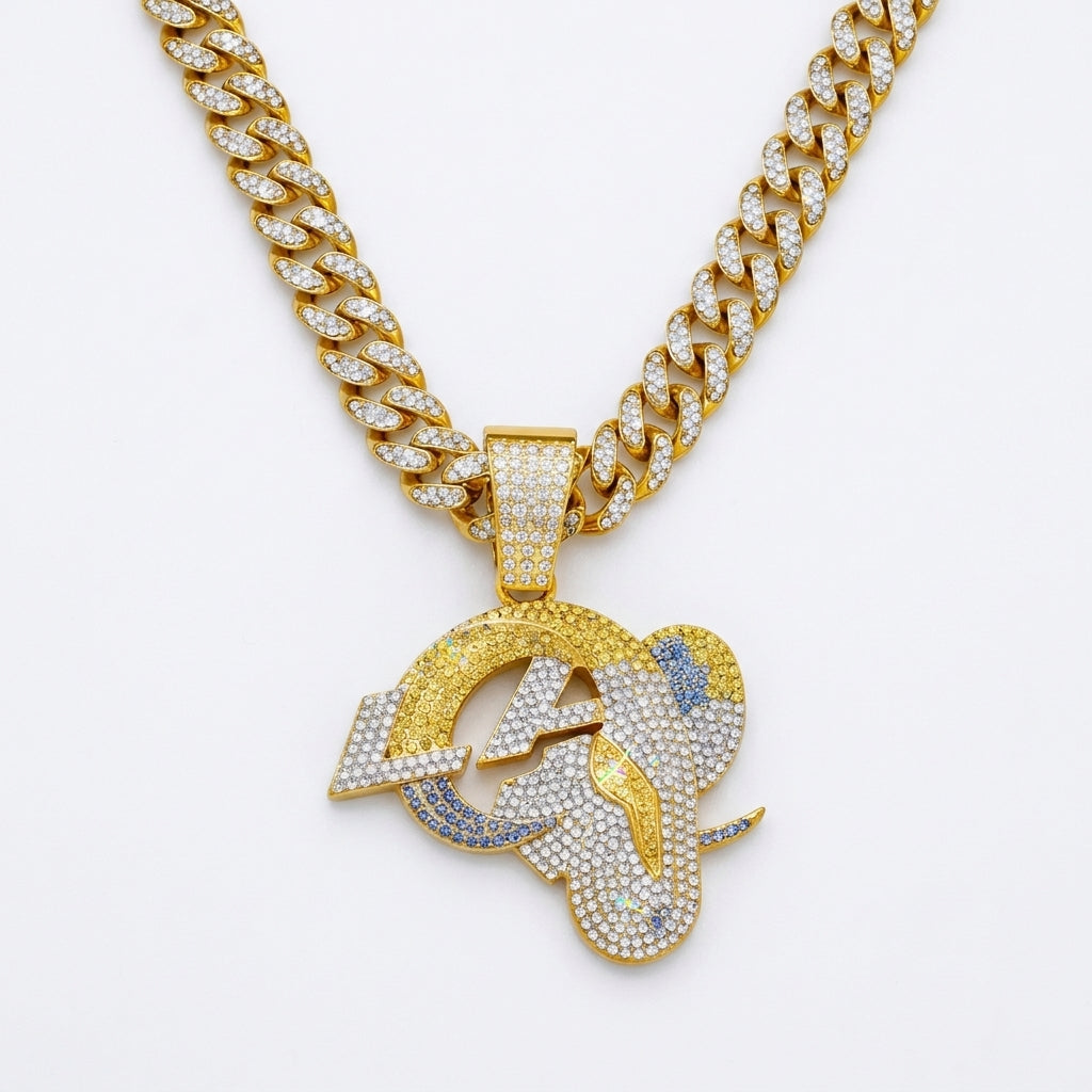 Los Angeles Rams Iced Out Pendant Necklace on Cuban Link Chain – Blue & Yellow Stone LA Ram Horn Logo | Gold or Silver
