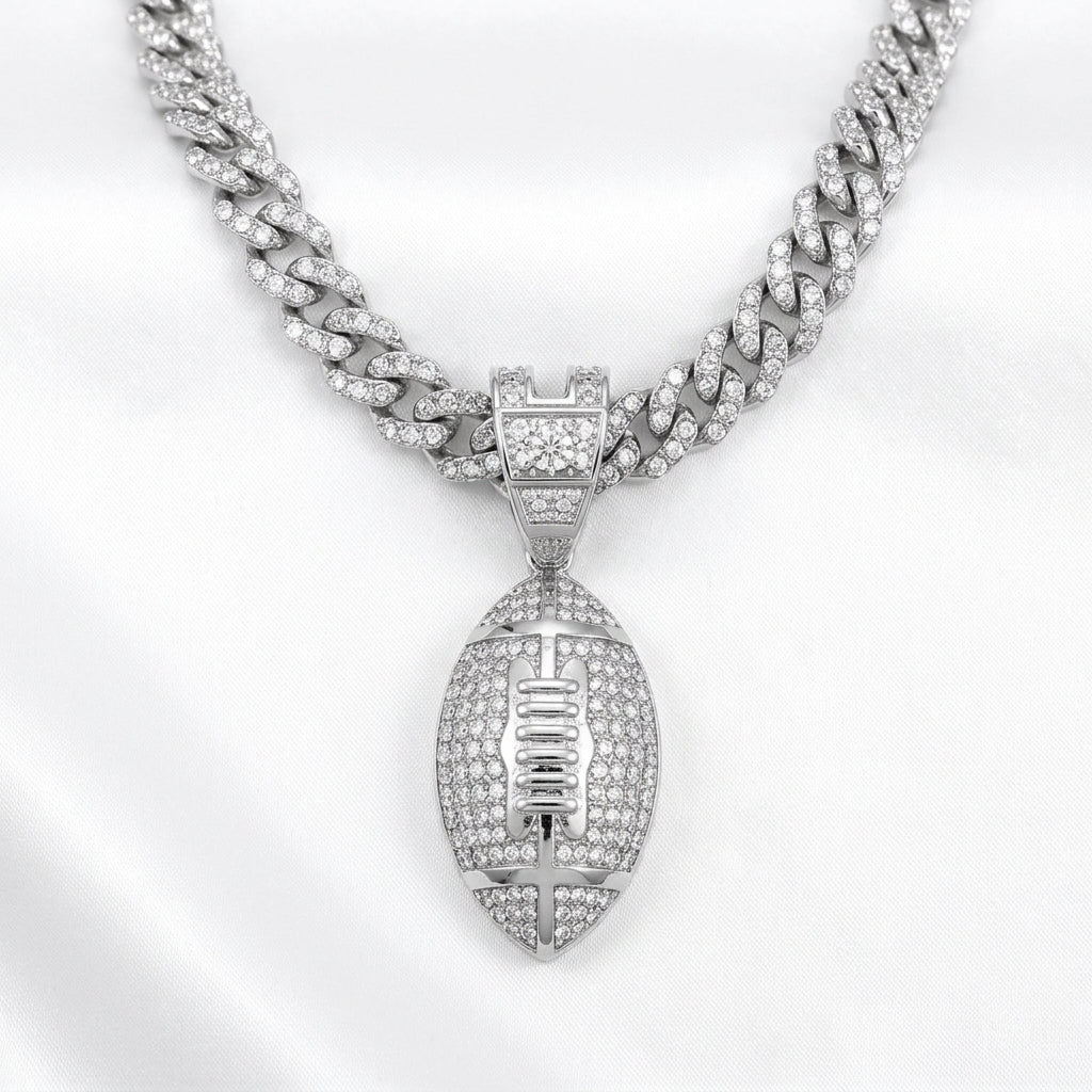 Iced Out Football Pendant Necklace on Cuban Link Chain – Stone-Set Ball with Polished Laces & Seams | Gold or Silver