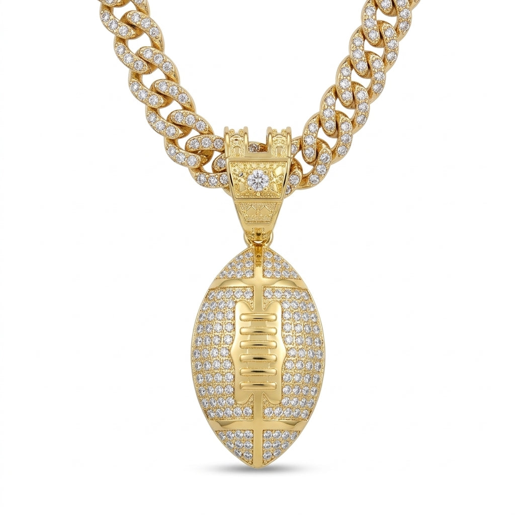 Iced Out Football Pendant Necklace on Cuban Link Chain – Stone-Set Ball with Polished Laces & Seams | Gold or Silver