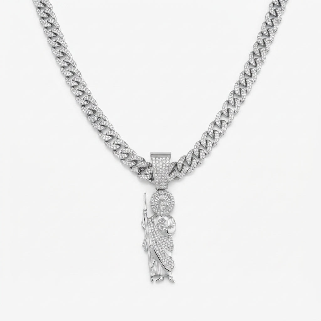 Iced Out San Judas St. Jude Pendant Necklace on Cuban Link Chain – Saint with Staff & Medallion, Religious Jewelry | Silver or Gold