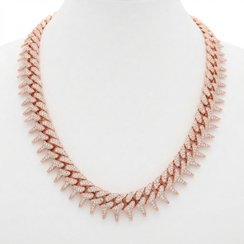 Iced Out Spiked Cuban Link Chain Necklace – Pointed Spike Links, Fully Stone-Set | Gold or Silver