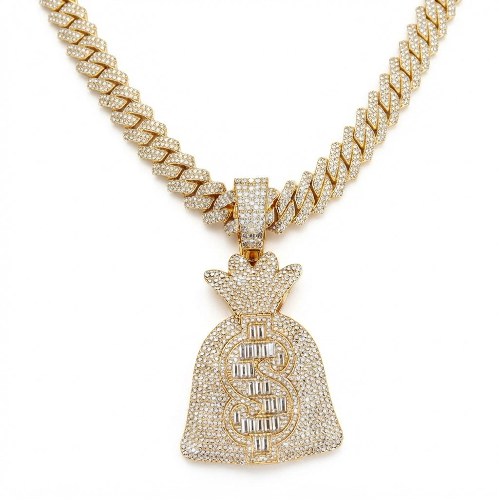 Iced Out Money Bag Pendant Necklace on Cuban Link Chain – Baguette-Stone Dollar Sign | Gold or Silver